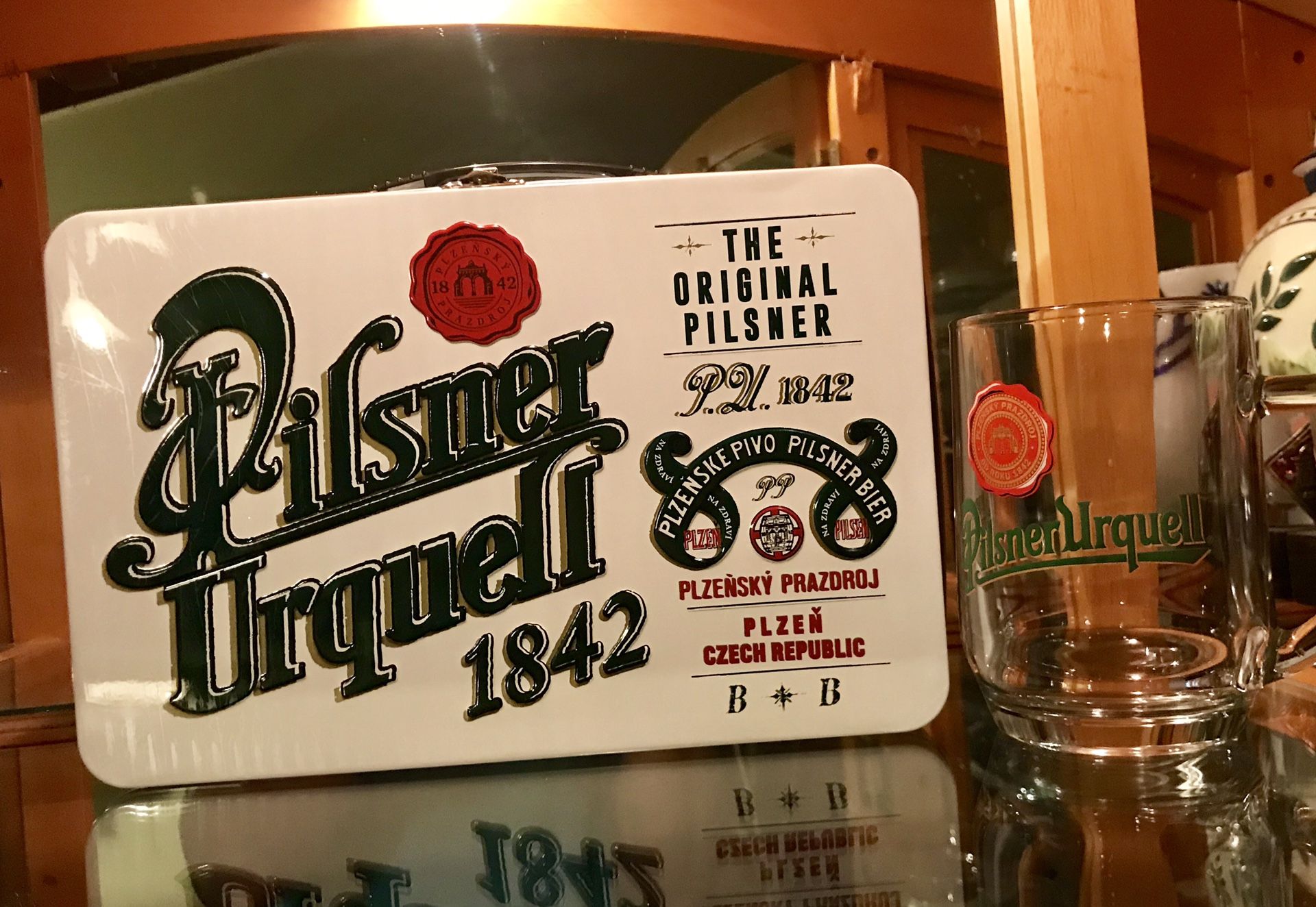 Pilsner Urquell Collectors lunch box and beer glass for Sale in