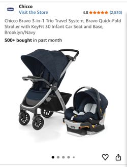 Chicco Bravo 3-in-1 Trio Travel System, Bravo Quick-Fold Stroller with KeyFit 30 Infant Car Seat and Base, Brooklyn/Navy