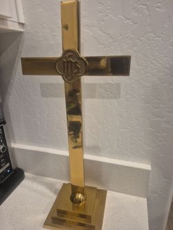 Brass Standing Altar Cross with IHS Medallion