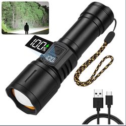 🍀 Ultra Bright 10000 Lumens LED Tactical Flashlight, USB Rechargeable, Long-Range Zoom Spotlight & Wide Floodlight
