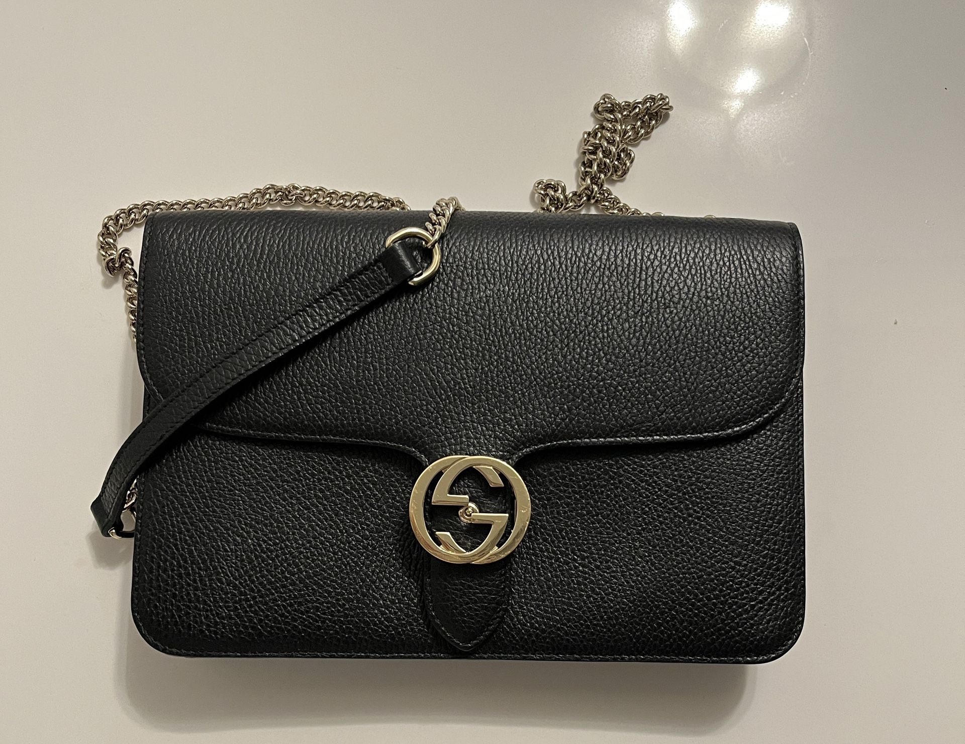 Gucci Black Crossbody or on the shoulder Bag with Gold Chain