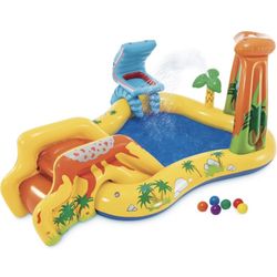 Intex Inflatable Kids Dinosaur Play Center Outdoor Playhouse Inflatable Pool Water Park with Slide, Water Sprayer, Waterfall, and 6 Balls, Multicolor