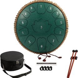 Steel Tongue Drum - 12-Inch 13-Notes Tongue Drum, D Major Outdoor Rain Drum With Tote Bag, Music Book, and Hand-Held Drumsticks (Green)