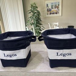2 POTTERY BARN KIDS LEGOS NAVY CANVAS STORAGE BINS