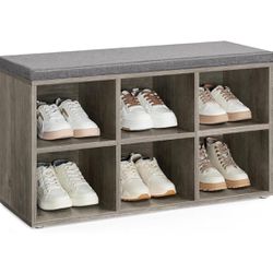 Entryway Shoe Storage Bench with Cushion, 6 Compartments, Adjustable Shelves, Padded Seat, for Bedroom, Entryway, 11.8 x 34.2 x 18.9 Inches, Heather G