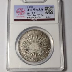 UNCIRCULATED REPUBLICA MEXICANA LIBERTY 1882 **8R.Z.I.S.10D.20G.**SILVER**TQJD AU53**27GR**39X2.4MM**