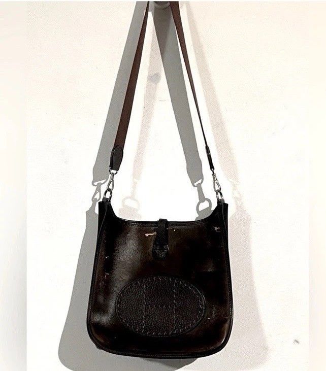 𝐇𝐞𝐫𝐦𝐞𝐬 Brown Vintage Evelyne Amazonia Rubber Leather Trim Shoulder Bag