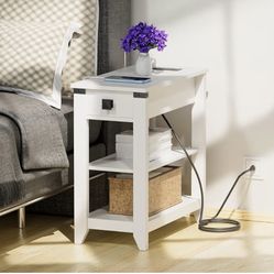 Narrow End Table with Charging Station, Side Table with USB Ports and Outlets 