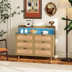 43.316-Drawers Rattan Storage Cabinet Rattan Drawer with LED Lights and Power Outlet,for Bedroom,Living Room,Natural