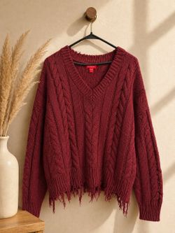 Guess Maroon Distressed Knit Sweater | Cozy Oversized V-Neck | Fall Winter Essential