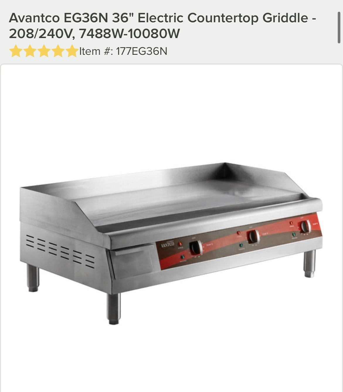 Avantco Griddle Electric Countertop Avantco EG36N 36 Electric