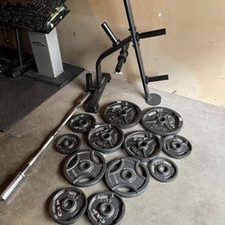 Olympic Weights with Olympic Curling Bar and Stand