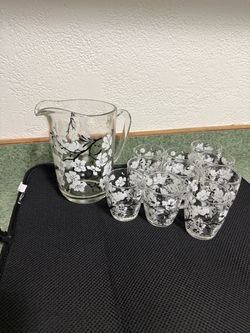 Vintage Hazel Atlas Black and White Floral Pitcher and 10 Juice Glasses