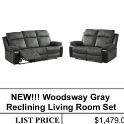 NEW!!! Woodsway Gray Reclining Living Room Set (Sofa Loveseat 
