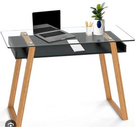 43” Glass Top Writing Desk with Wood Legs