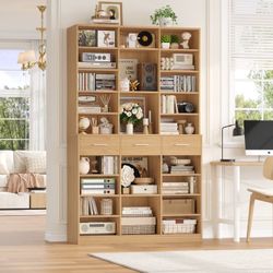 75'' Tall Bookcase with Adjustable Shelves, 3 Drawers Display Bookshelf For Living Room, Home Office, Natural Color