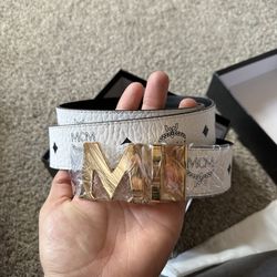 MCM Belt Gold Buckle White Leather Reversible