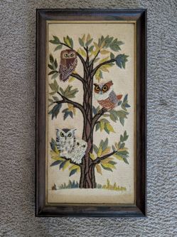 Vintage Erica Wilson No.7158 Owl Tree Crewel Needlepoint 26¼"x14¼" Framed Art