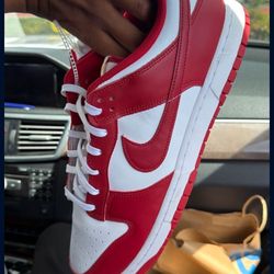 Men’s Red and White Low-Top Leather Nike Dunk Low Retro Sneakers (Varsity Red / White)
