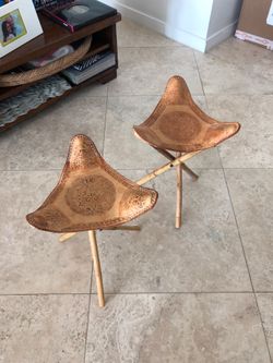 Leather and Wood Aztec inspired foldable stools