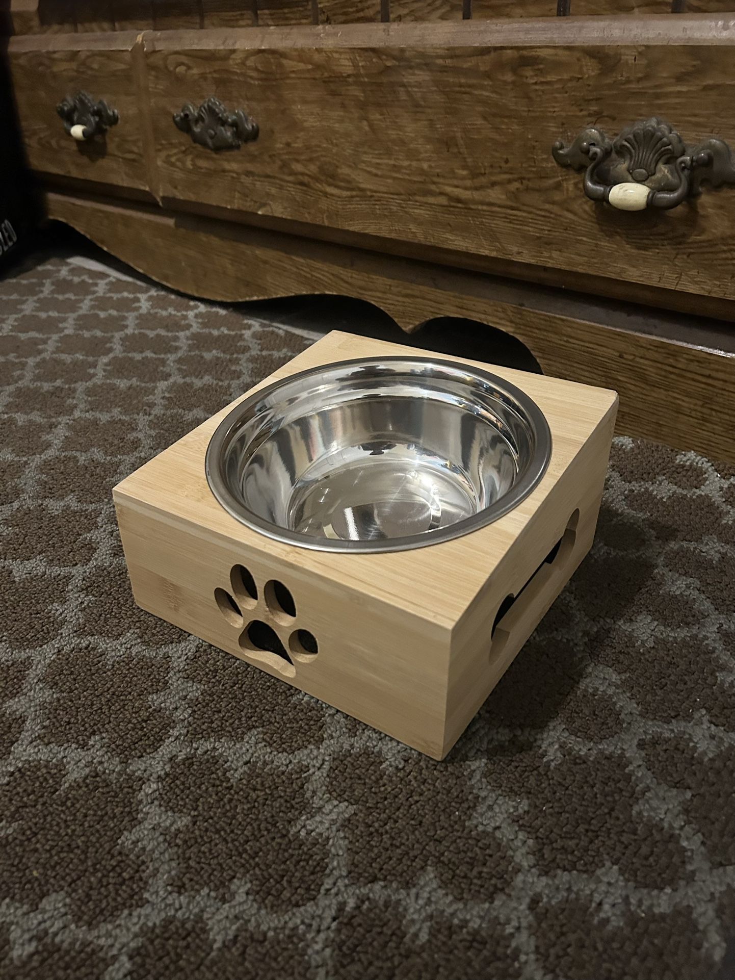 Stylish Wood Pet Bowl Stand + Metal Bowl