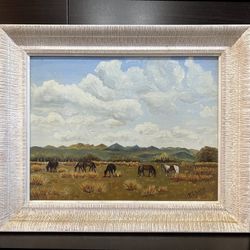 30% Off SALE Vintage Original Oil Painting, Horses on the Ranch with the background of big sky, signed by P.J. Libby, dated 1955