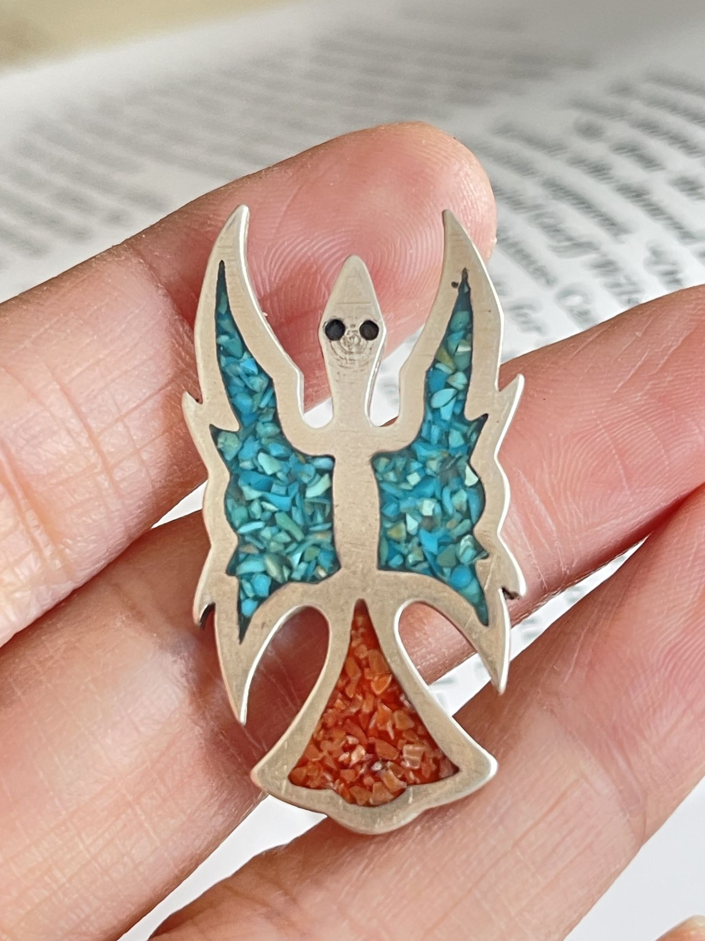 Vintage Gene Gibson Sterling Silver Turquoise Coral Thunderbird Pendant Necklace