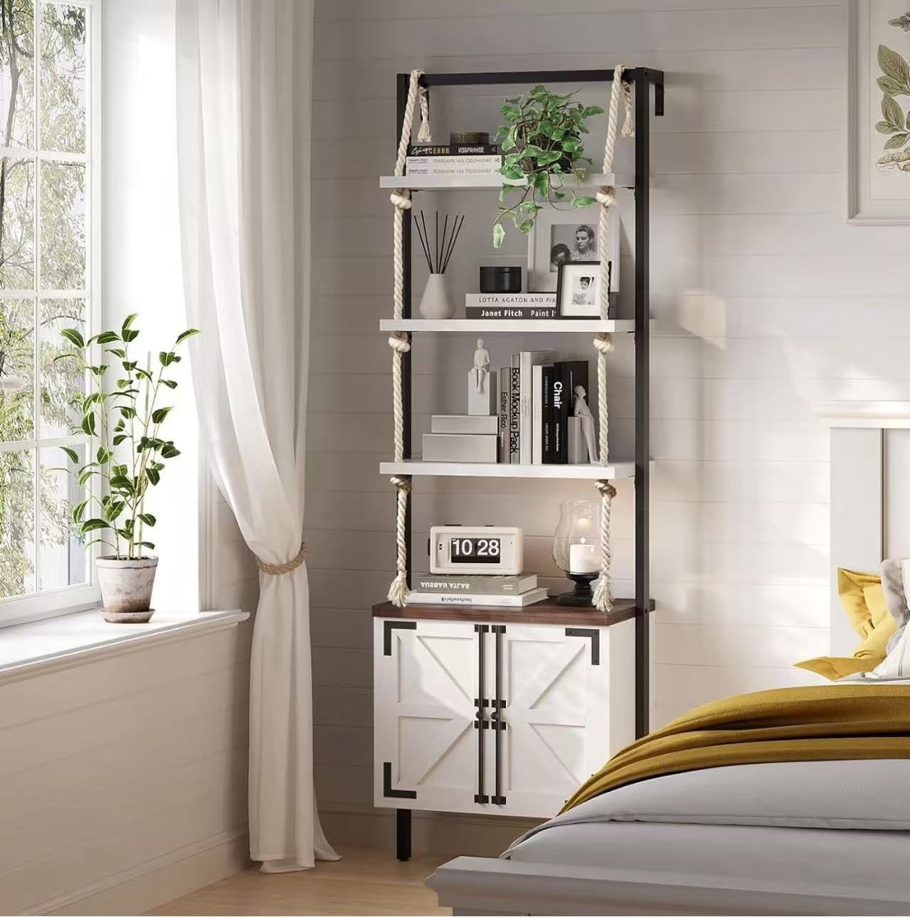 Farmhouse Bookshelf with Storage,71" Tall Industrial Bookcase with Shelves and Cabinet,5 Tier,Wall Mounted Ladder Shelf with Display Rack for Bedroom,