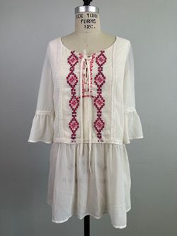 Boho Embroidered Lace Up Tunic Dress Cream Pink Bell Sleeve Size XS