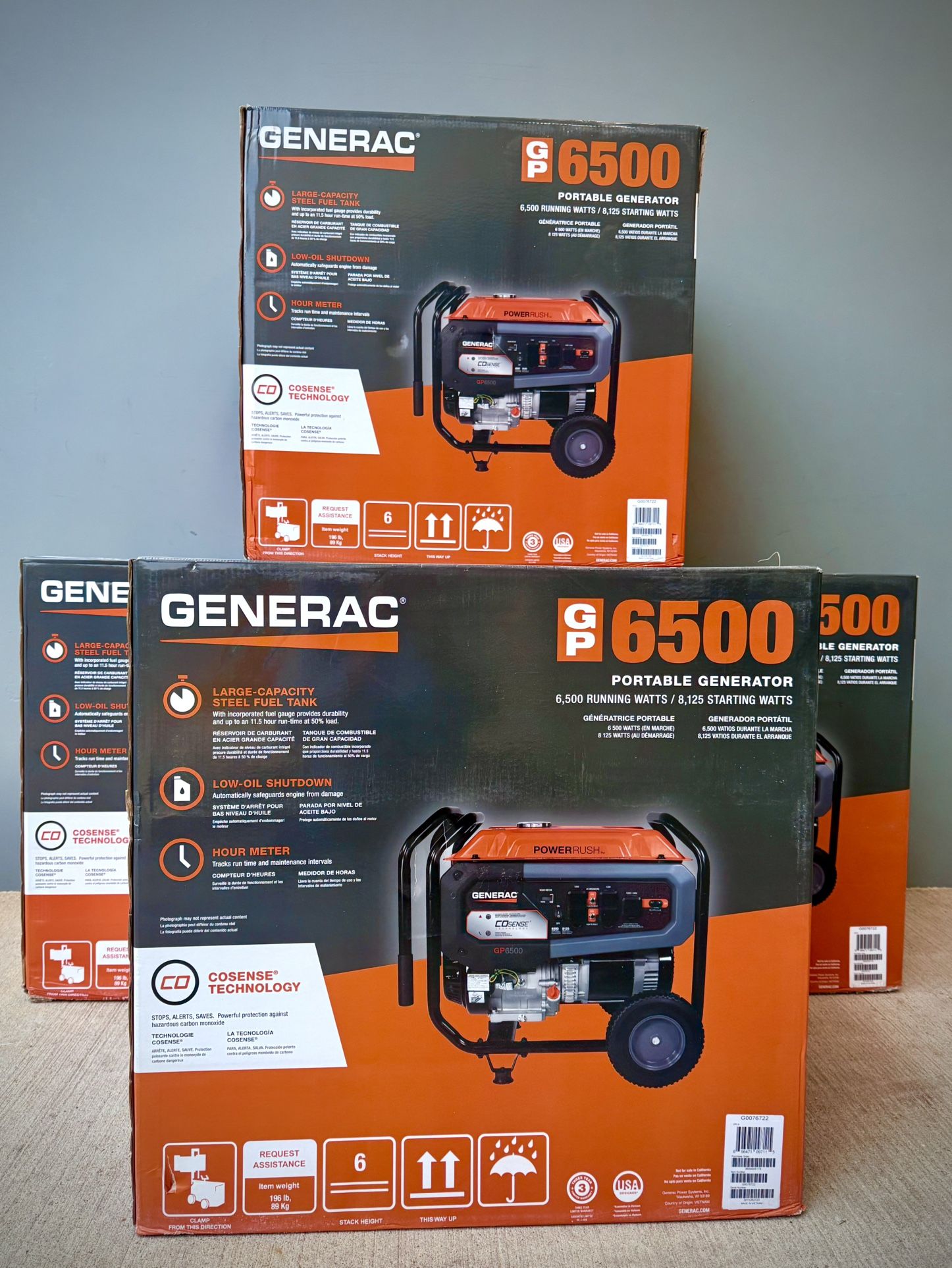 Brand new Generac 8125 / 6500-Watt Gasoline Powered Portable Generator with COSense and 20 ft. Extension Cord Included - GP6500