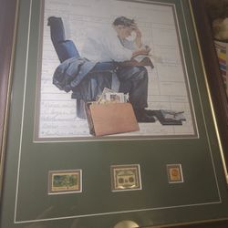 Norman Rockwell "EXPENSES" custom Crafted Print With 3 Stamps 17x22" Framed , For A.Lowber