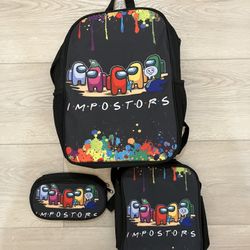 Among Game Us Backpack 3PC Set Boys Girls Bookbag Laptop Backpack With Lunch Bag Pencil Case Casual Daypack Suit