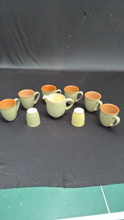 Denby cups, creamer and salt and pepper shaker