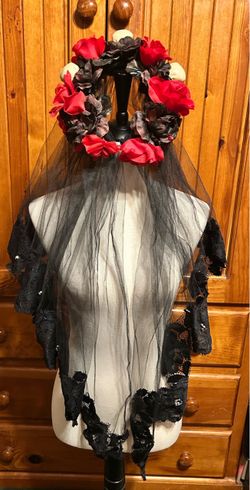 Black Lace Veil with Red Flower Crown