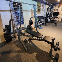 Hudson Steel Squat Rack / Bench Press Station With Flat Incline Decline Fully Adjustable Bench With Preacher Pad Attachment