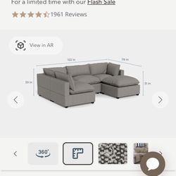Kova Sectional Couch With Ottoman, Grey, Washable And Interchangeable 