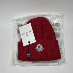 **NEW W/ TAGS ** Moncler Red Beanie Knit Cap Ribbed Thick Hat Small Logo**