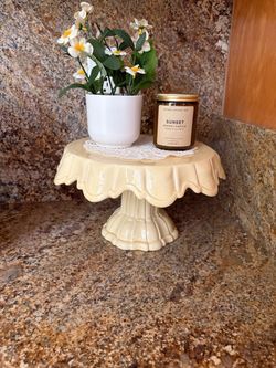Vintage Yellow Scalloped Ruffle  Italian Ceramic Cake Stand - Handmade