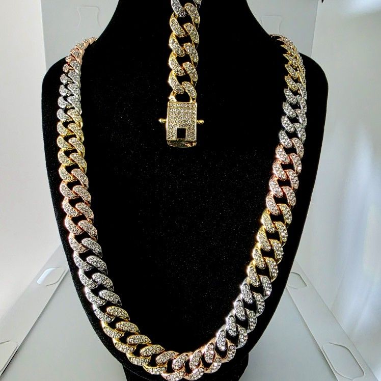 Premium Iced Out 22" 13mm Tri Color Cuban Link Chain With 9" Matching Bracelet