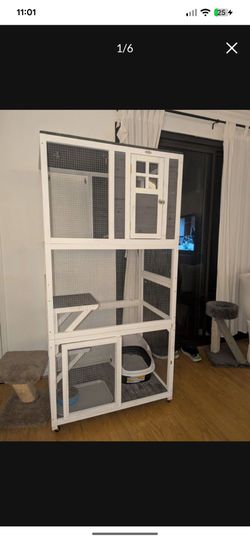 PawHut 74" Wooden Catio Outdoor Cat Enclosure Weatherproof & Wheeled, Outside Cat House with High Weight Capacity, Kitten Cage Condo, White