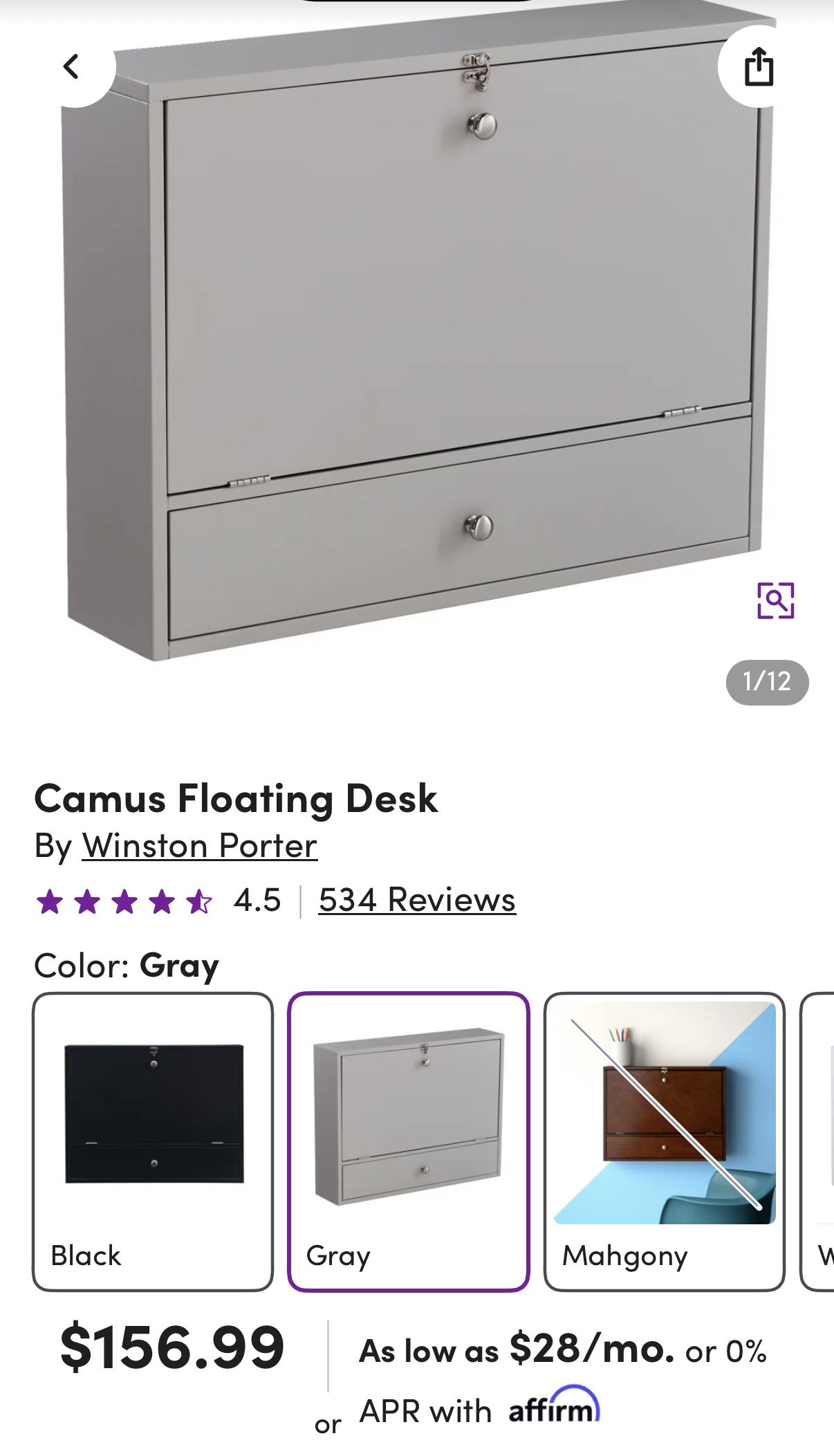 🪑 Camus Floating Desk – Gray (By Winston Porter) – Brand New