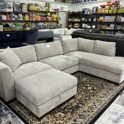 Beige Sectional Sofa with Storage Ottoman