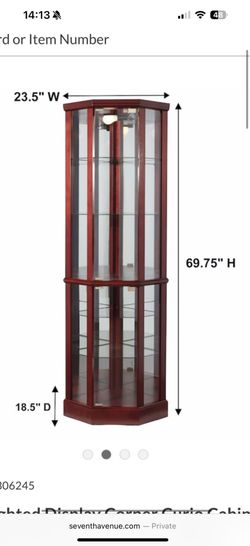 NEW Corner Curio with Glass Shelves And Mirrored Back