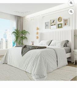 Sha Cerlin Full Size Upholstered Platform Bed Frame with Velvet Channel Wingback Headboard, Off White