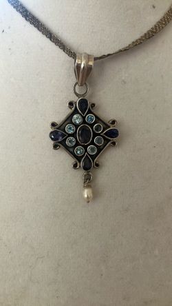 .925 Iolite, Blue Topaz And Pearl Pendant