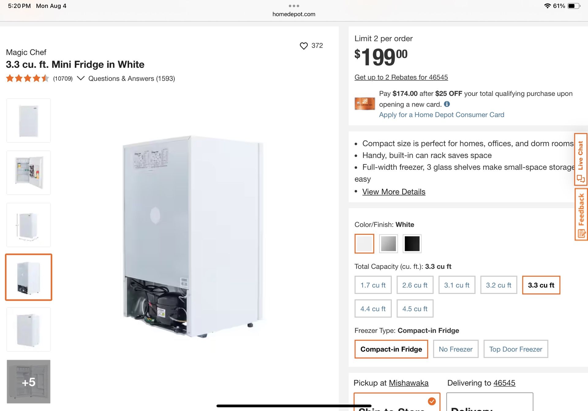 Magic Chef 3.3 Cubic Feet Mini Refrigerator White