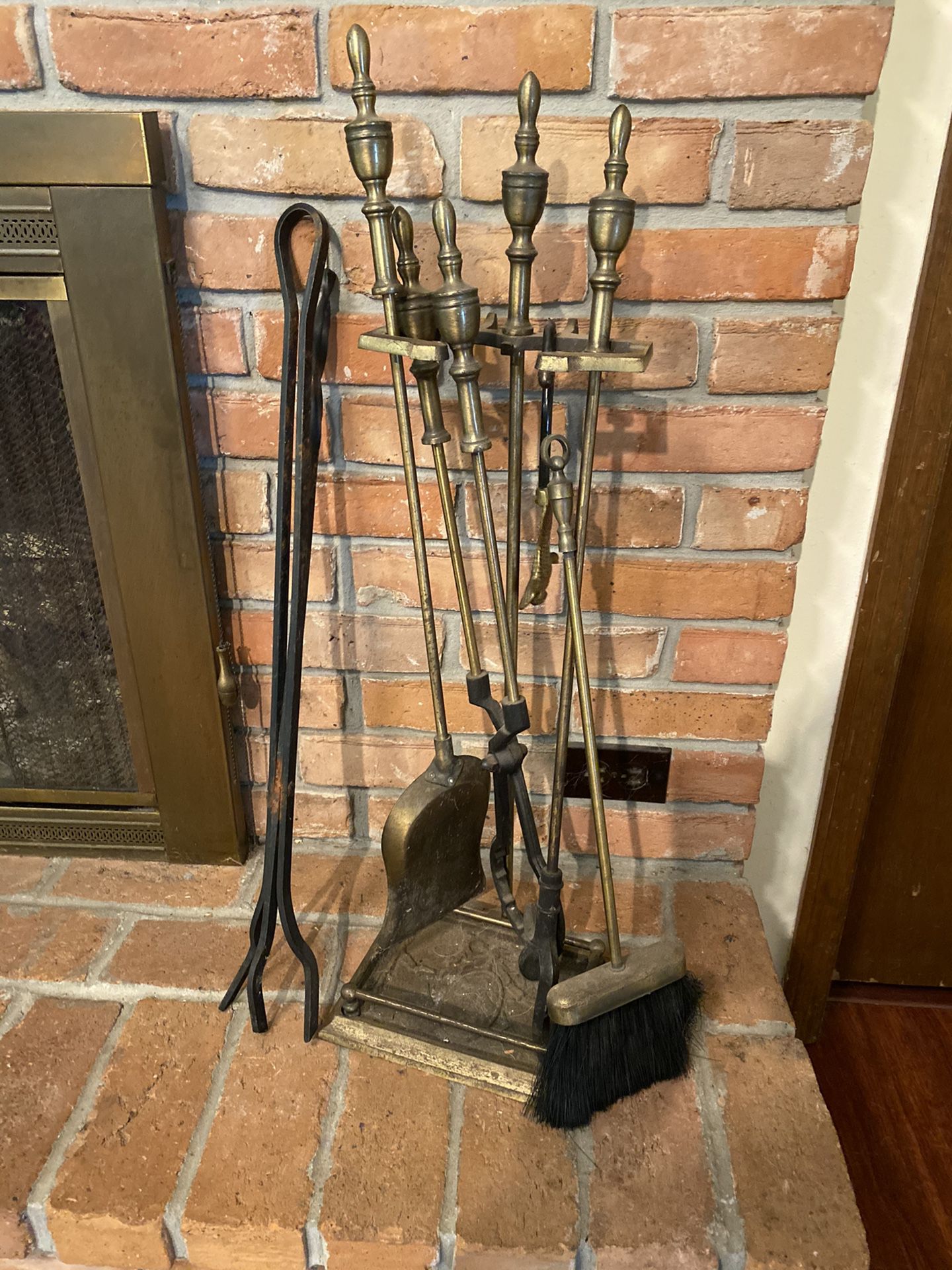 Antique solid brass fireplace tool set with stand