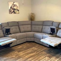 Brand New Grey/Beige Fabric Curve/Corner Recliner Sofa With Cup Holders & Storage Console | Pay After Delivery 