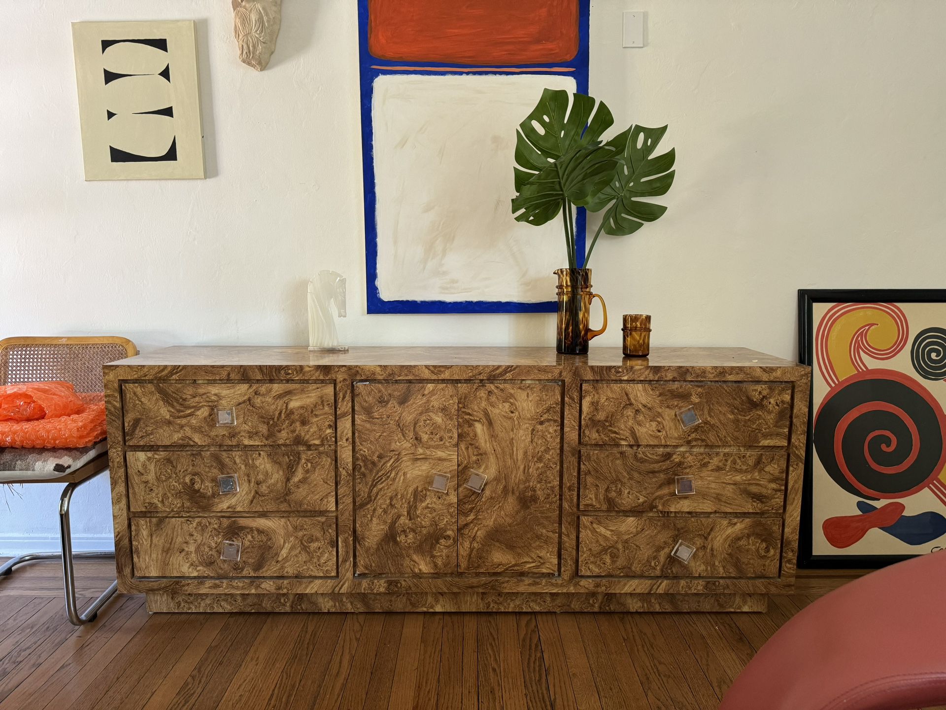 Gorgeous Burl wood Dresser With Lucite Handles Mid Century Modern 