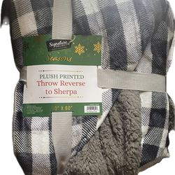 Throw, reversible (plush/sherpa), Grey checkered/solid grey, 50 x 60in, blanket